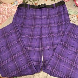 Purple Plaid Belted Straight Leg Trousers